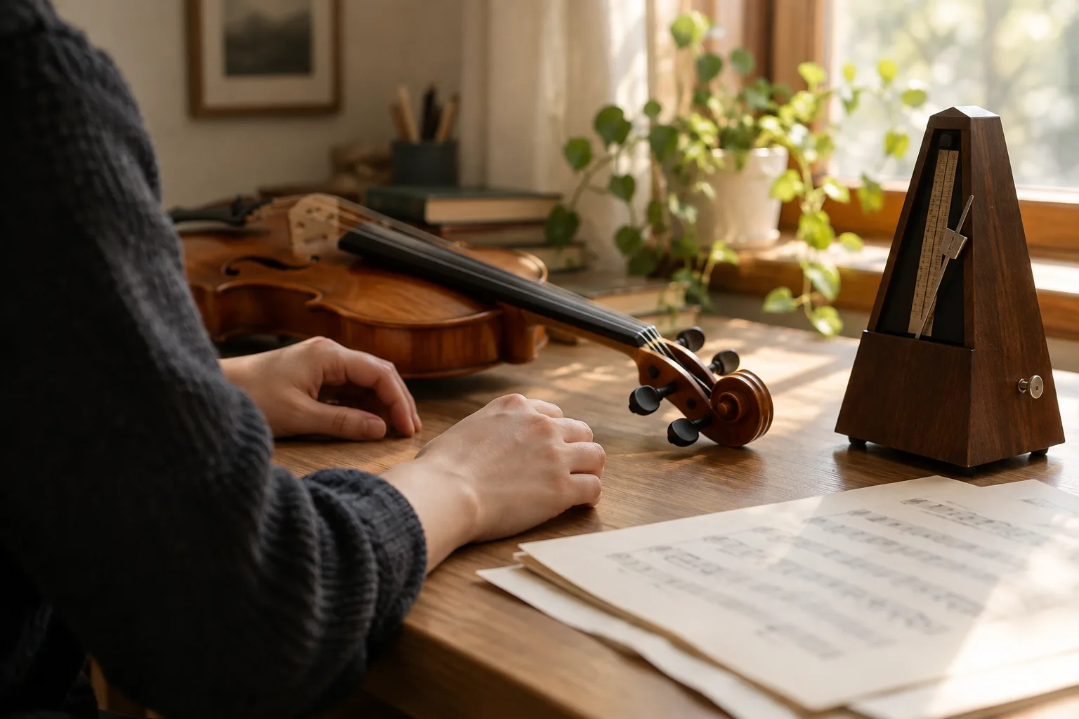 Un métronome posé près d’une partition pendant une séance de pratique musicale.