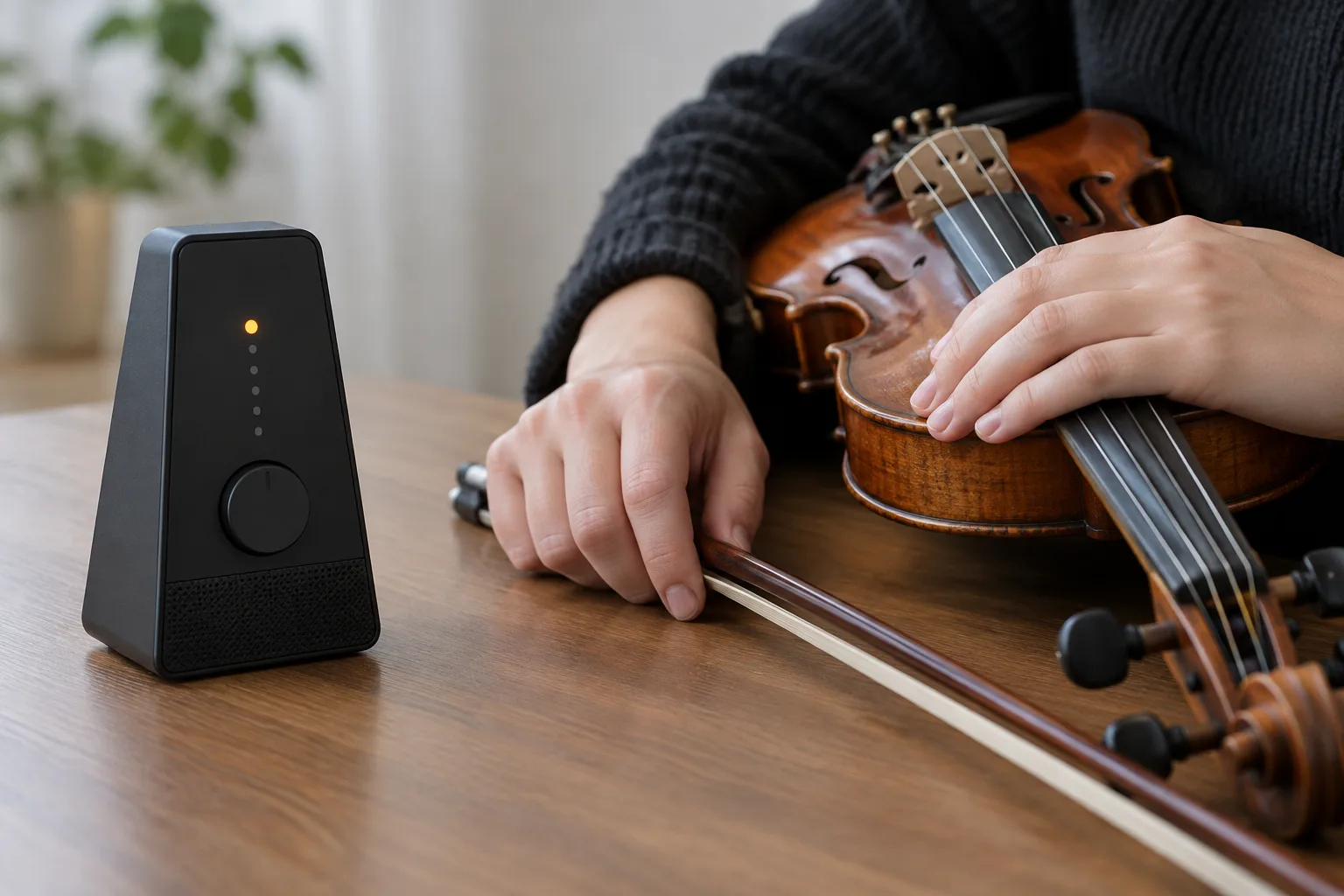 Un métronome numérique est posé près d’un violon pendant une pause de travail.
