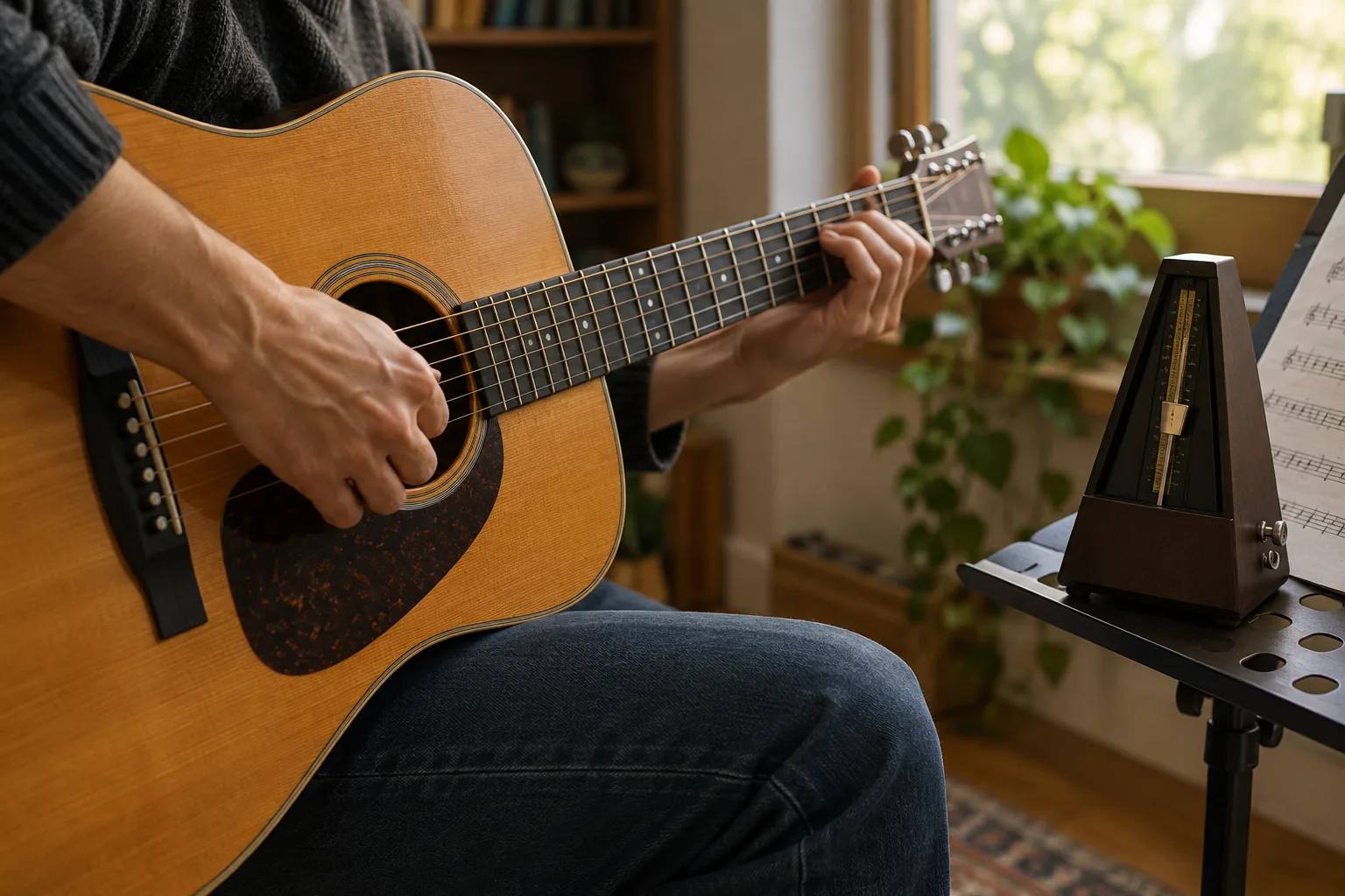 Des mains jouent de la guitare près d’un métronome posé sur un pupitre.