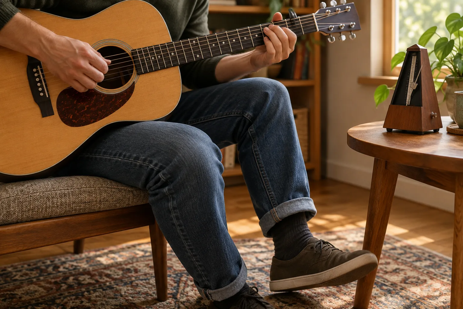 Un musicien joue de la guitare en marquant la pulsation du pied, avec un métronome à proximité.