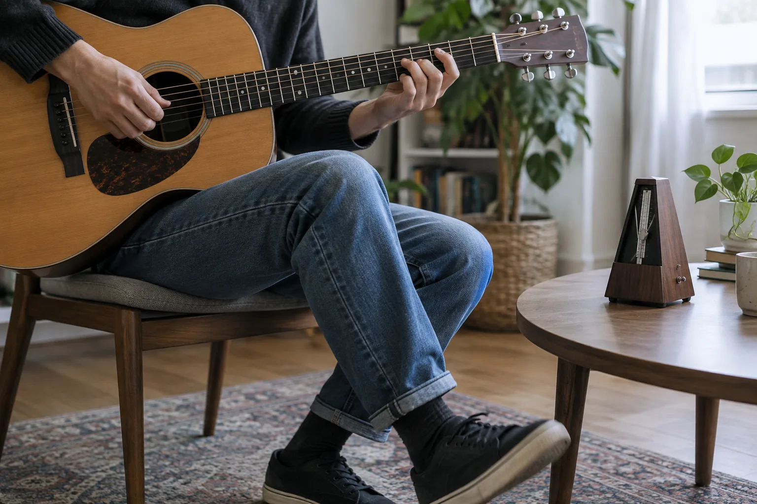 Un guitariste travaille le tempo avec un métronome posé à proximité.