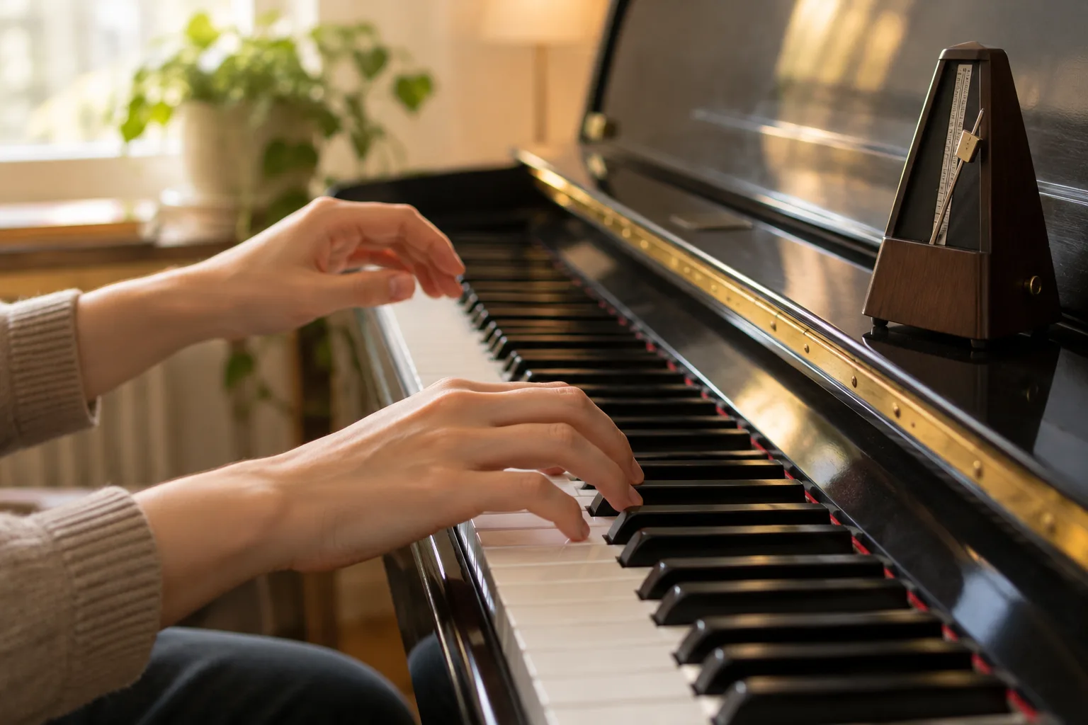 Des mains répètent lentement une courte mesure au piano, avec un métronome posé à proximité.