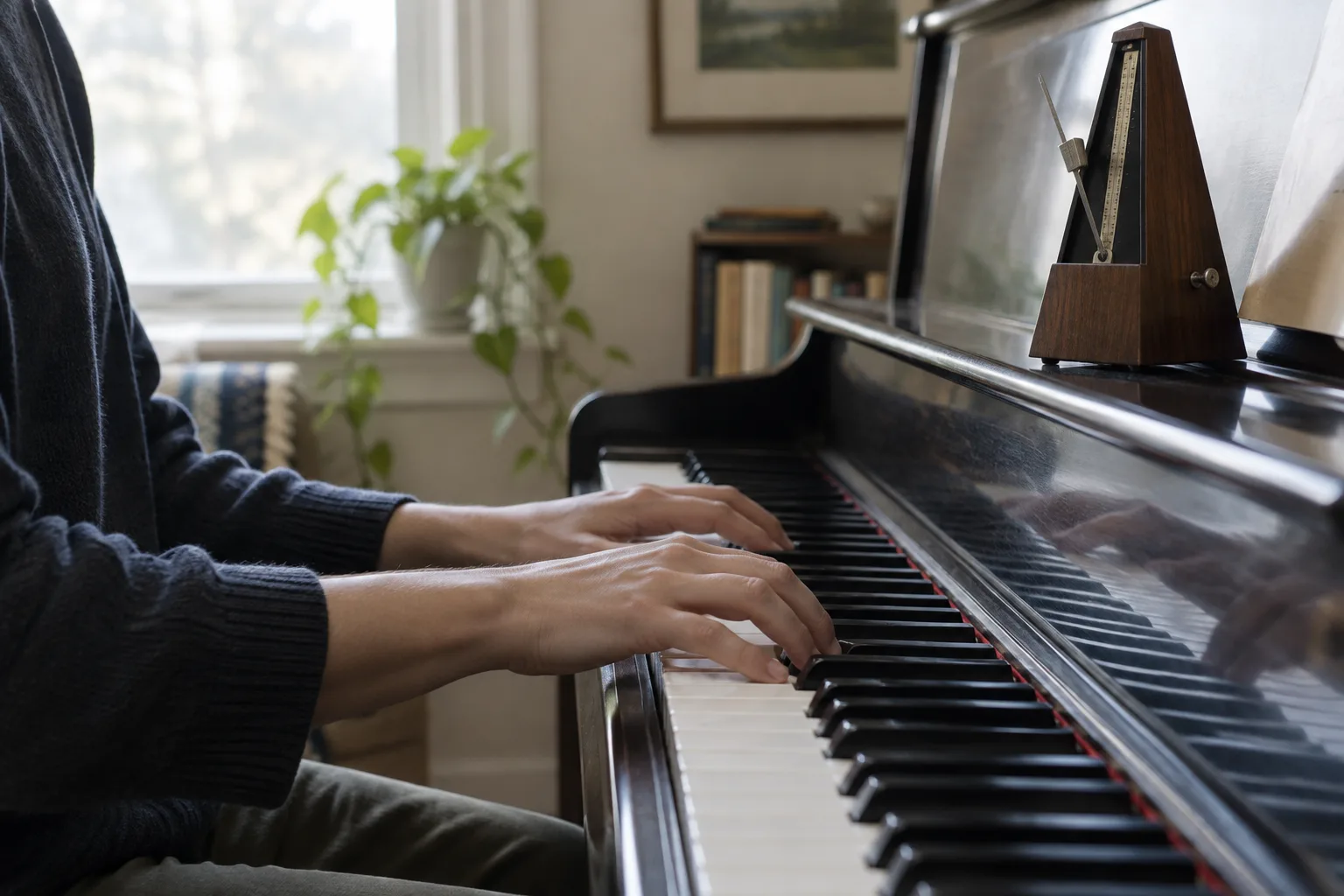 Des mains jouent quelques notes au piano à côté d’un métronome.
