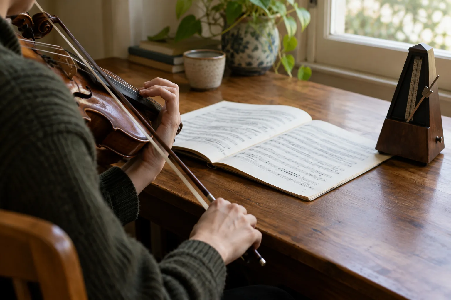Un métronome posé près d’une partition pendant une séance de pratique instrumentale.