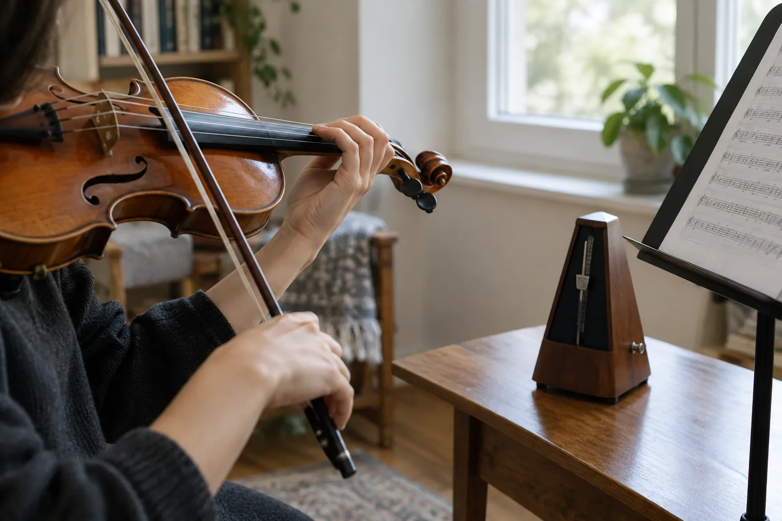 Un métronome posé près d’une partition et d’un instrument pendant une séance de travail.