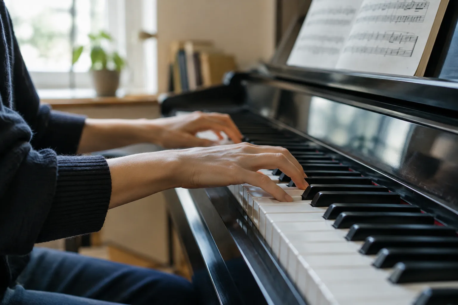 Mains jouant une phrase au piano devant une partition.
