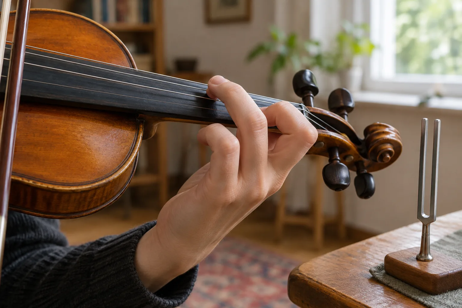 Une main joue une note au violon à proximité d’un diapason.