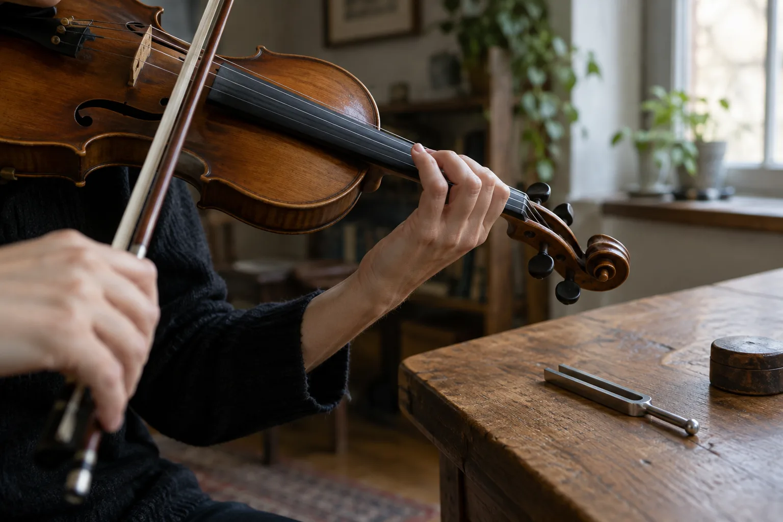 Une main tient un violon près d’un diapason posé sur une table.