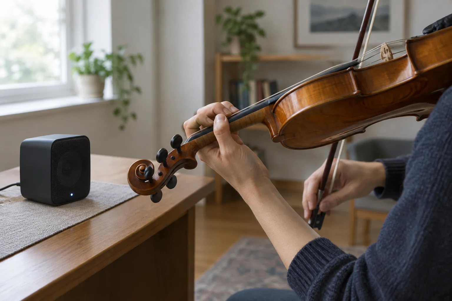Un musicien joue une note au violon en écoutant une référence sonore diffusée par un haut-parleur.