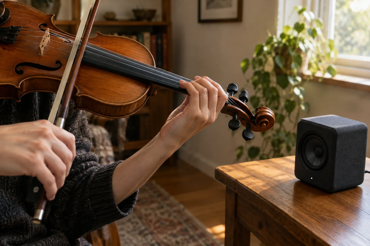 Des mains jouent du violon près d’un petit haut-parleur utilisé comme référence sonore.