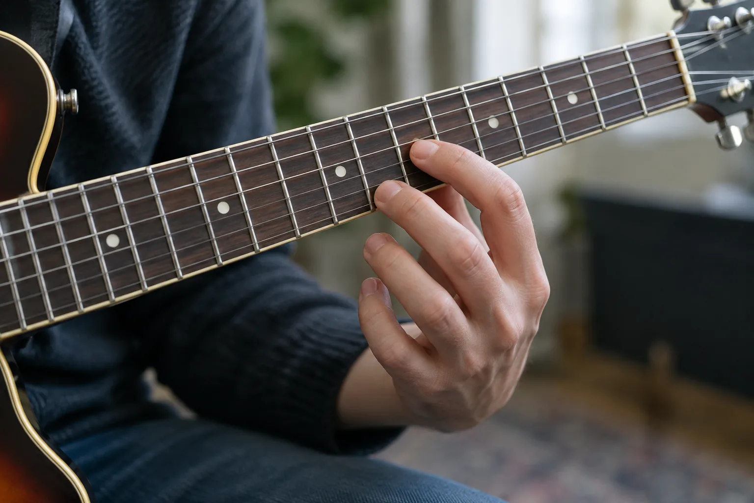 Une main se prépare à rejoindre une nouvelle position sur le manche de la guitare.
