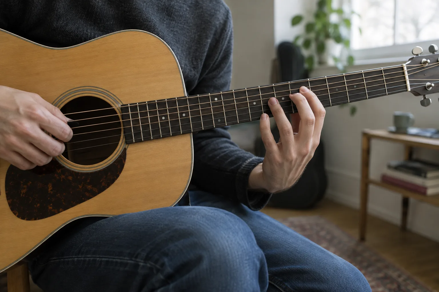 Main gauche d’un guitariste qui se déplace le long du manche vers une nouvelle position.