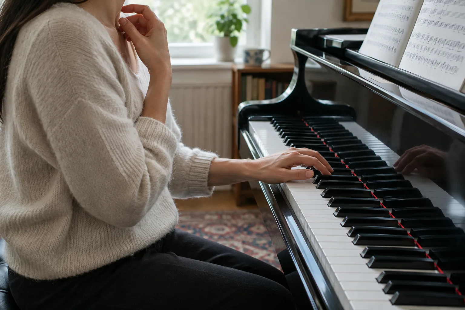 Un musicien se prépare à chanter une mélodie près d’un piano et d’une partition.