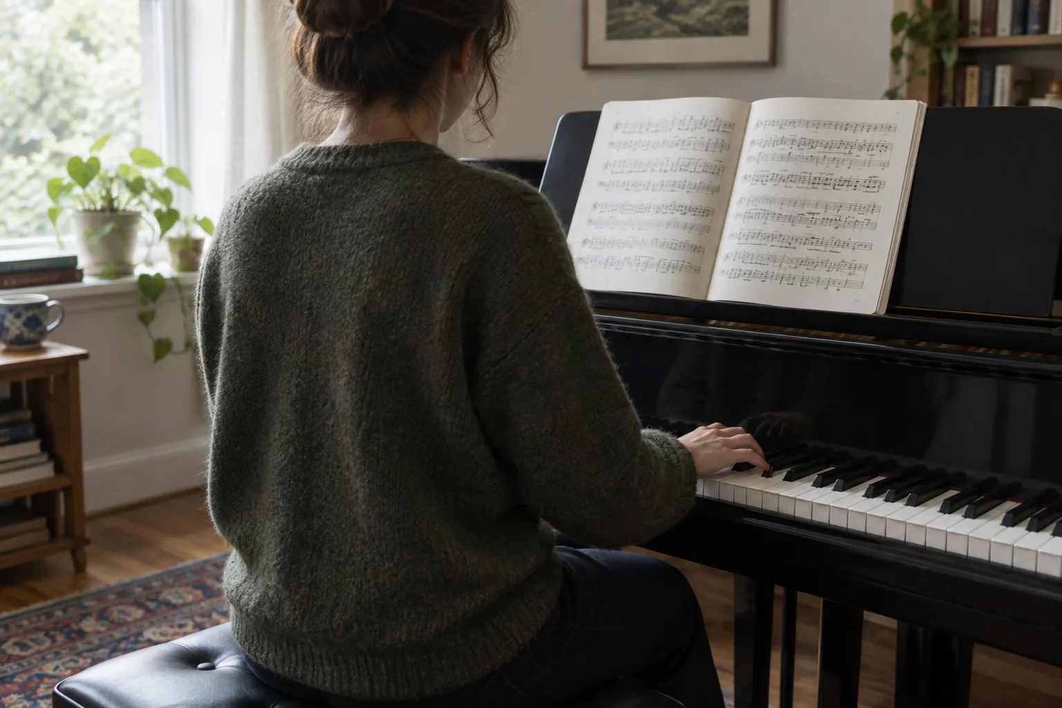 Un musicien au piano suit une partition dans une pièce éclairée par la lumière du jour.