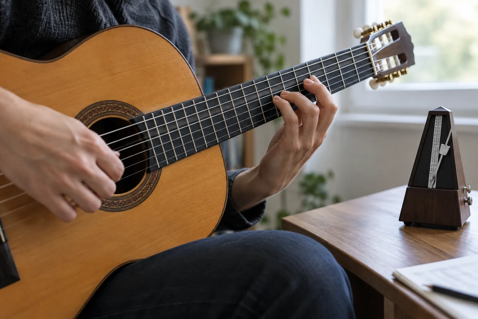 Des mains jouent une phrase instrumentale près d’un métronome.