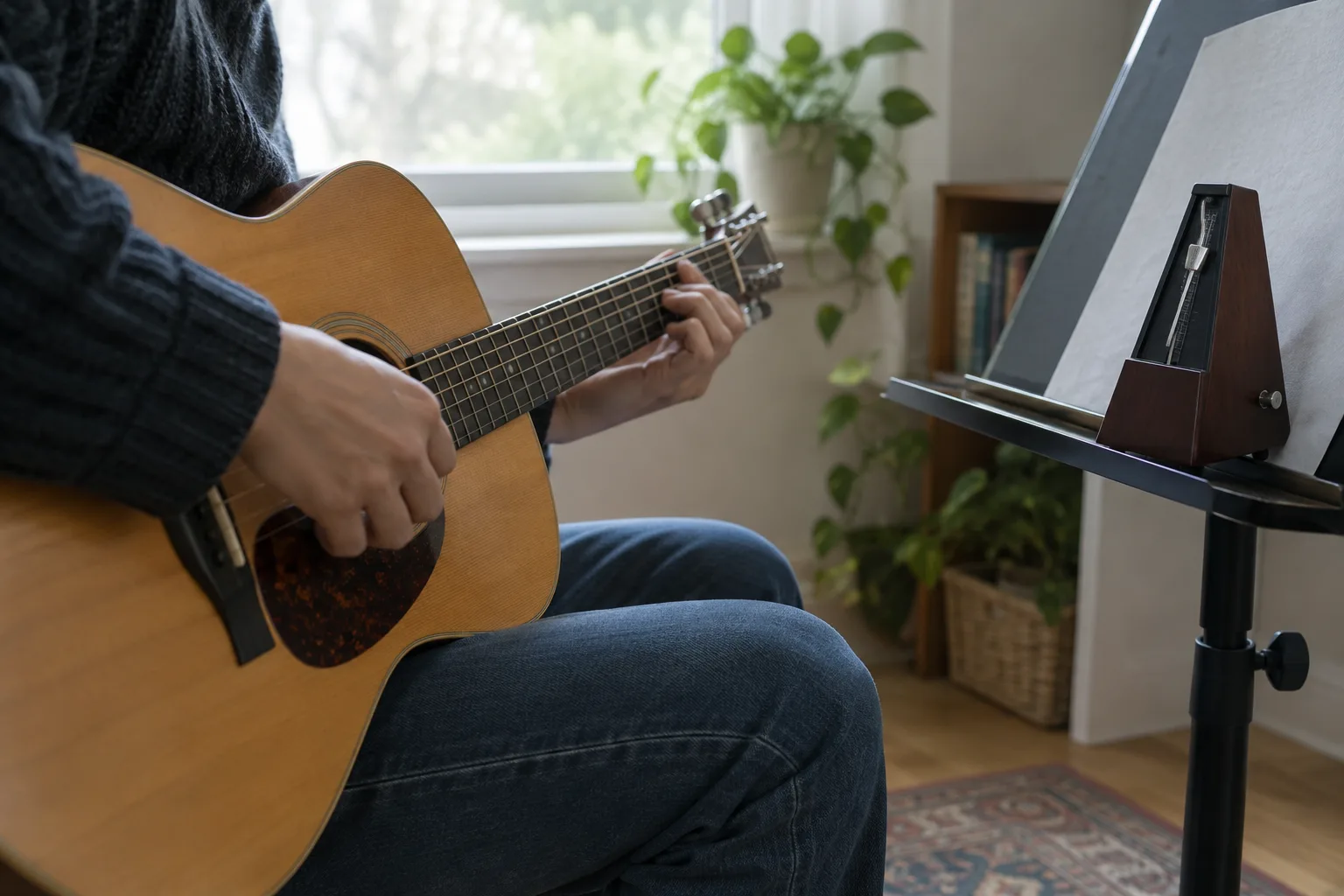 Un musicien travaille une phrase instrumentale avec un métronome posé à proximité.