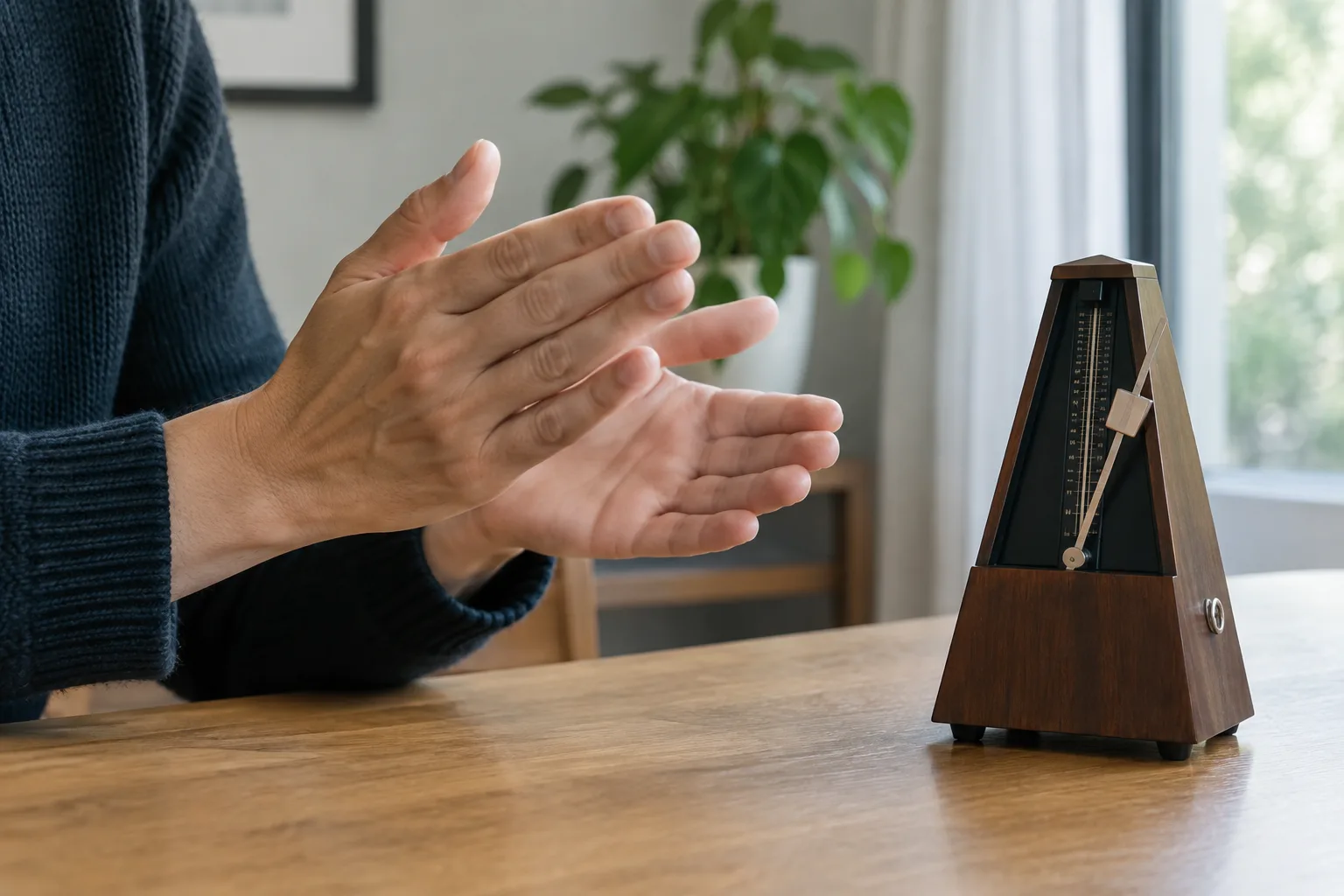 Des mains marquent un rythme à côté d’un métronome posé sur une table.