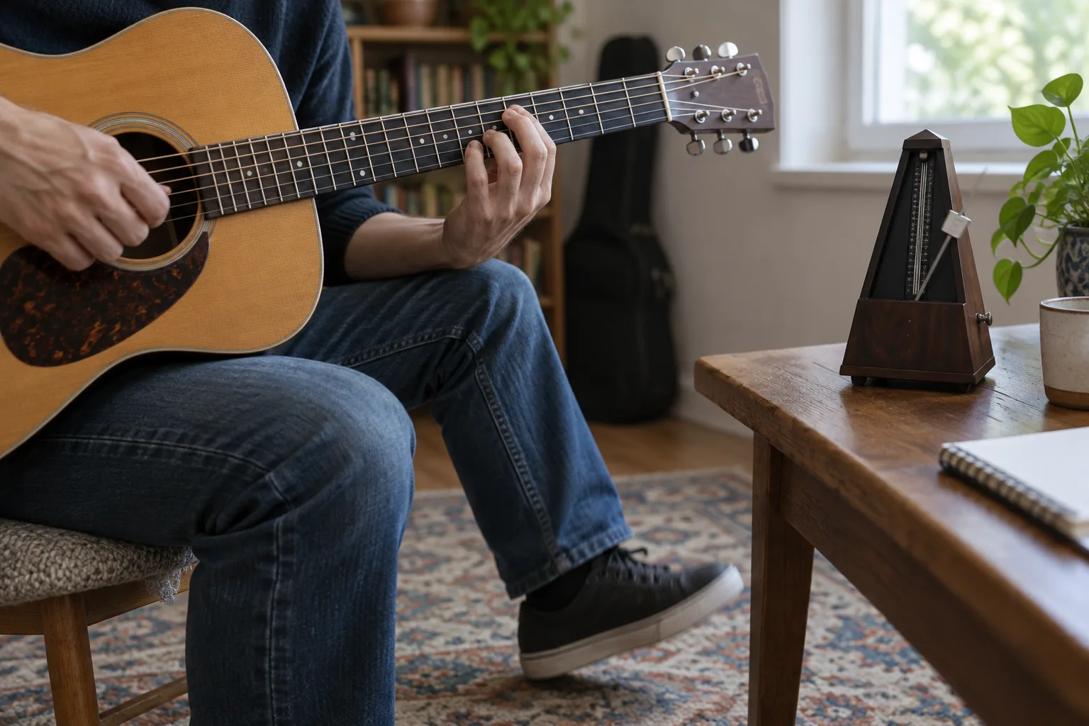 Des mains jouent une courte phrase à la guitare tandis qu’un pied marque la pulsation près d’un métronome.