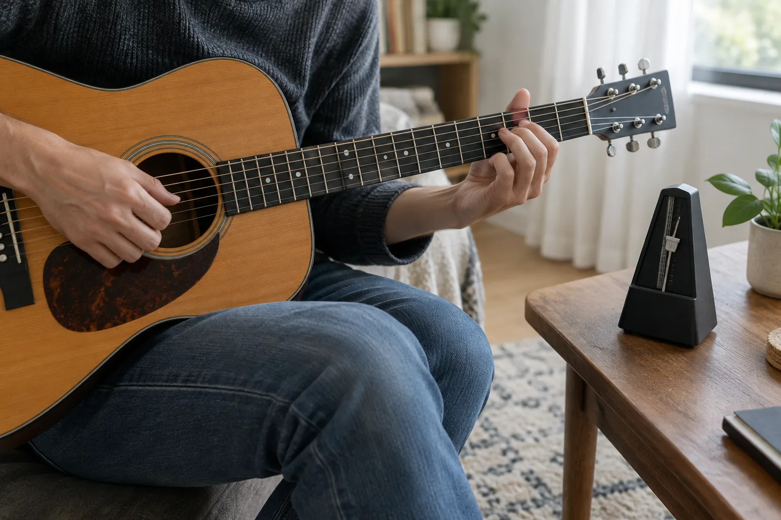 Un musicien compte la pulsation en jouant de la guitare, avec un métronome à proximité.