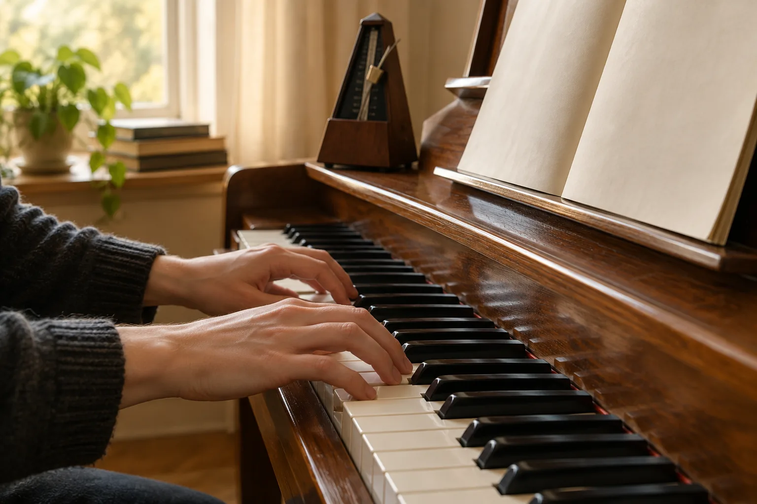 Un musicien joue une courte phrase au piano tandis qu’un métronome est posé à proximité.