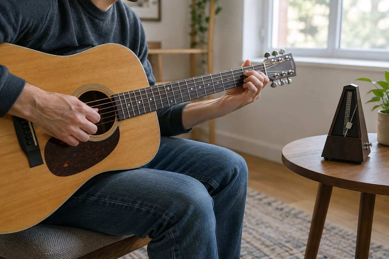 Un guitariste travaille son rythme près d’un métronome posé sur une table.