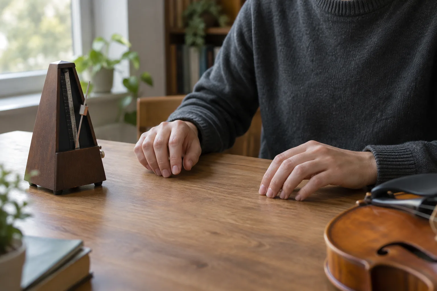 Un musicien travaille son rythme près d’un métronome posé sur une table.
