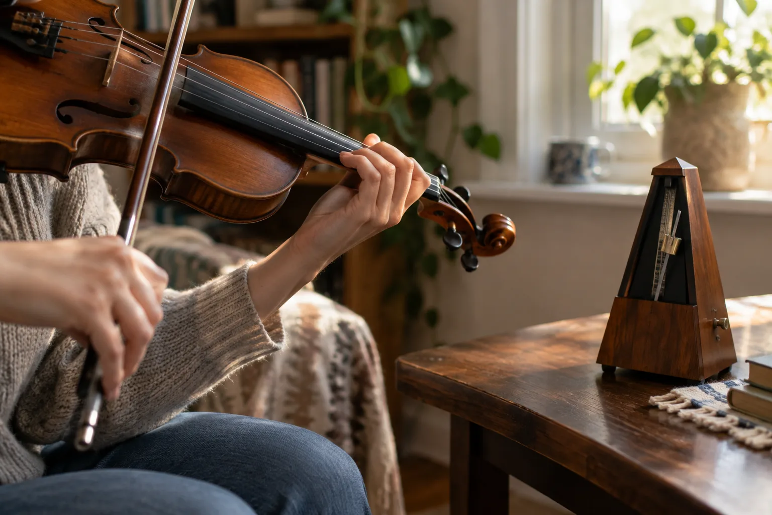 Un musicien travaille une phrase instrumentale près d’un métronome.