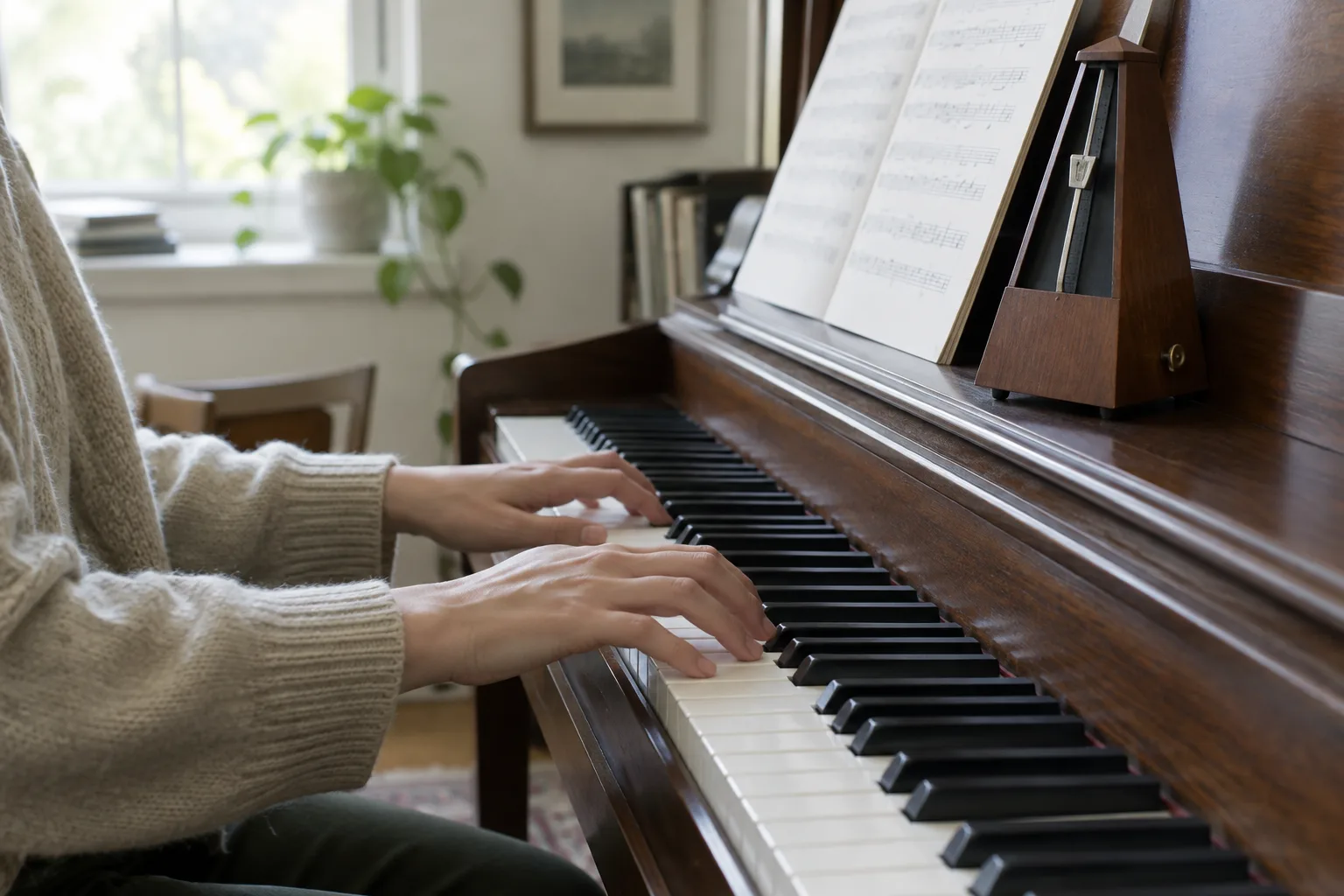 Des mains jouent un motif simple au piano, près d’un métronome posé sur le pupitre.