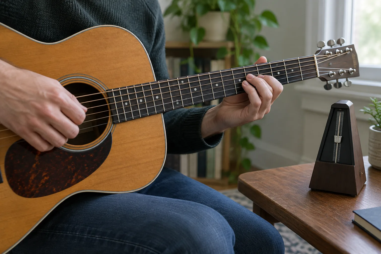 Des mains jouent de la guitare tandis qu’un métronome arrêté reste posé à proximité.