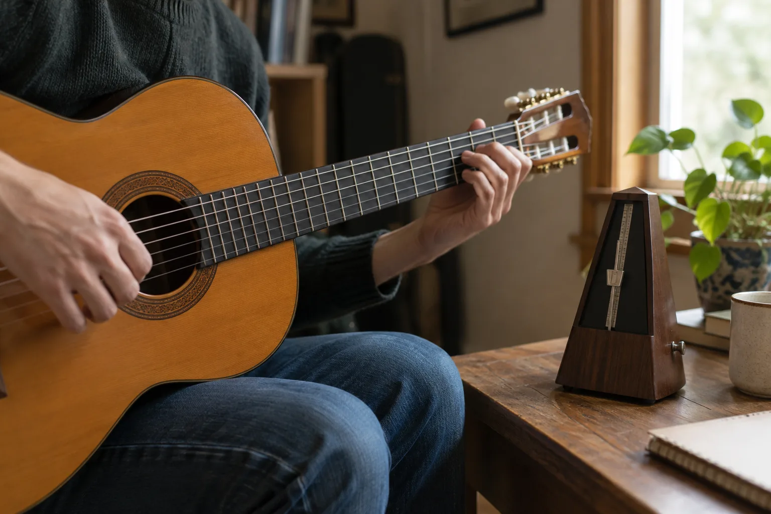 Un guitariste travaille une phrase musicale près d’un métronome posé sur une table.
