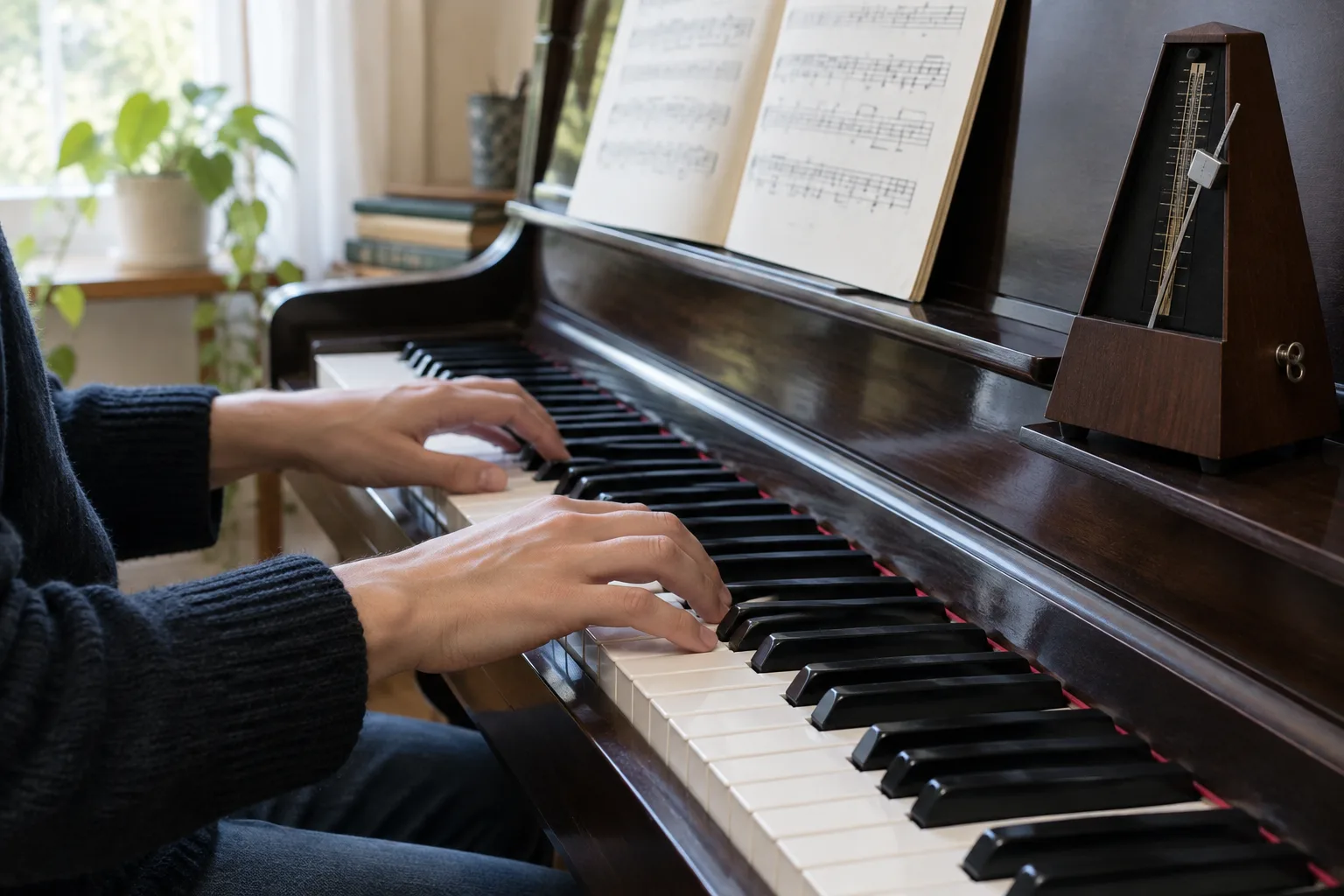Un musicien joue un court motif au piano tandis qu’un métronome est posé à proximité.