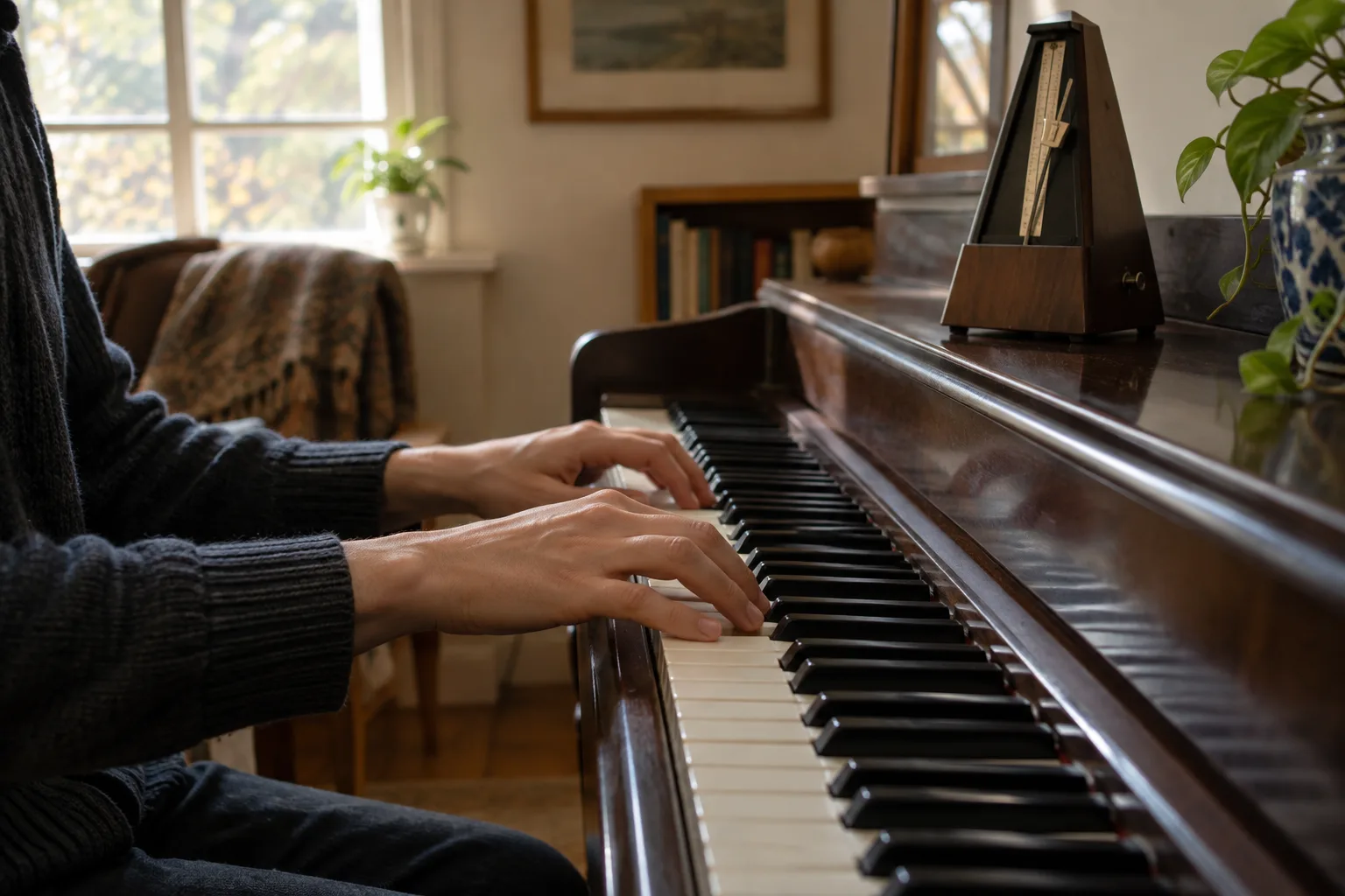Des mains jouent quelques notes au piano à côté d’un métronome mécanique.