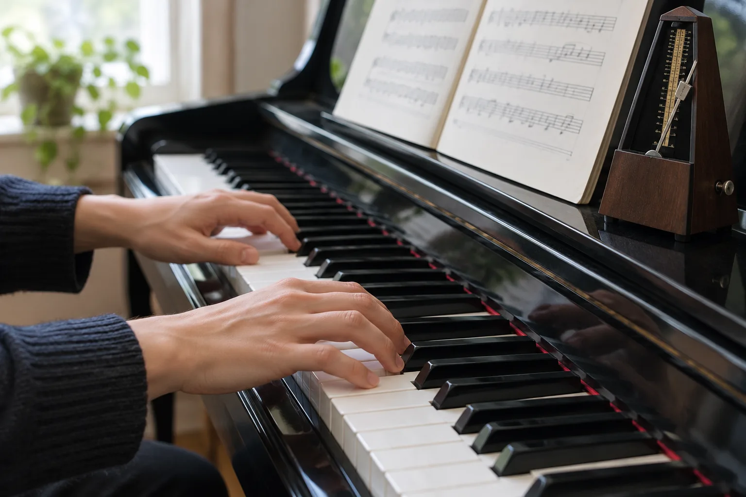 Des mains jouent un court passage au piano, avec un métronome posé à proximité.