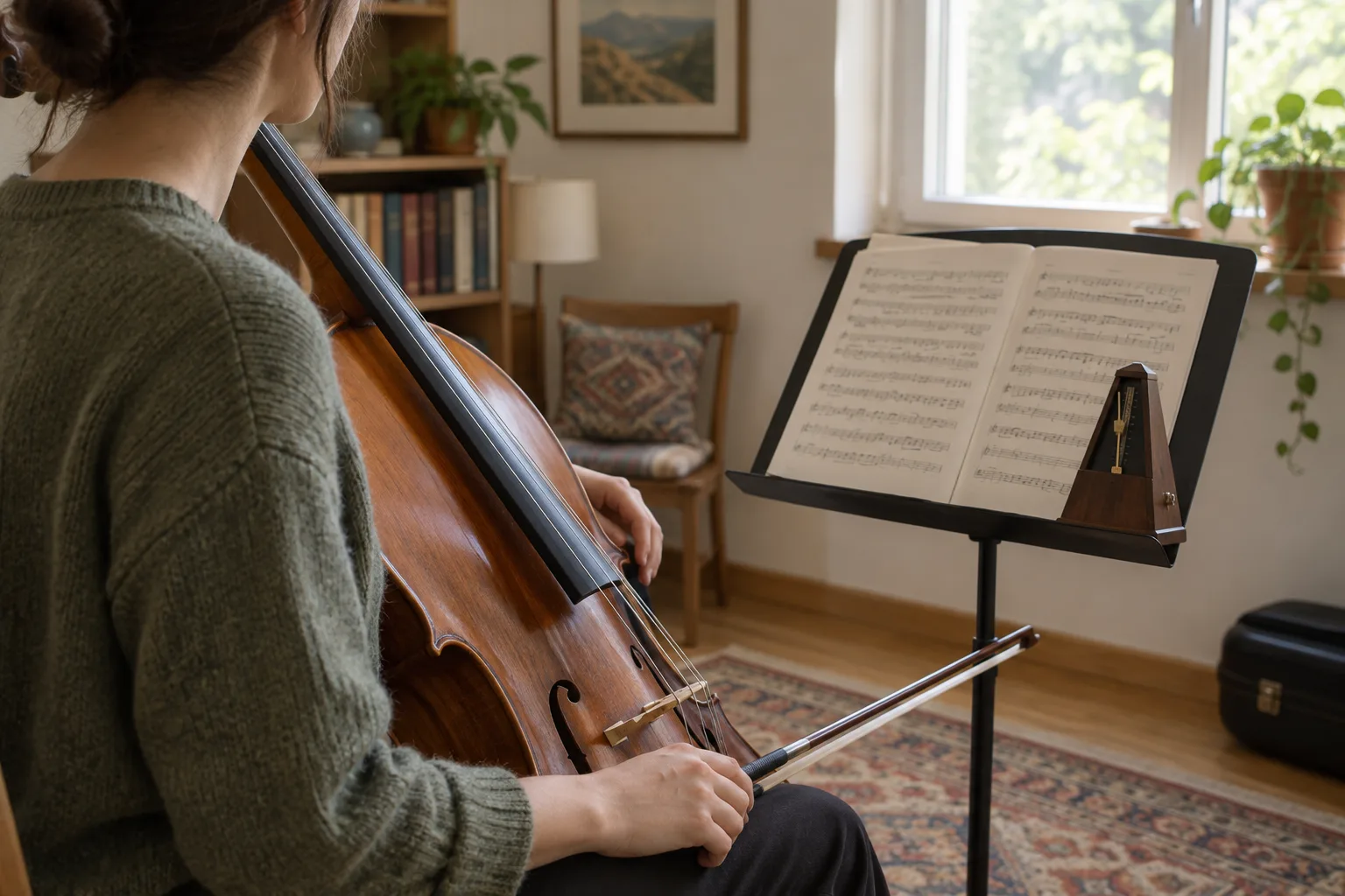 Un musicien travaille son instrument près d’un métronome posé sur un pupitre.