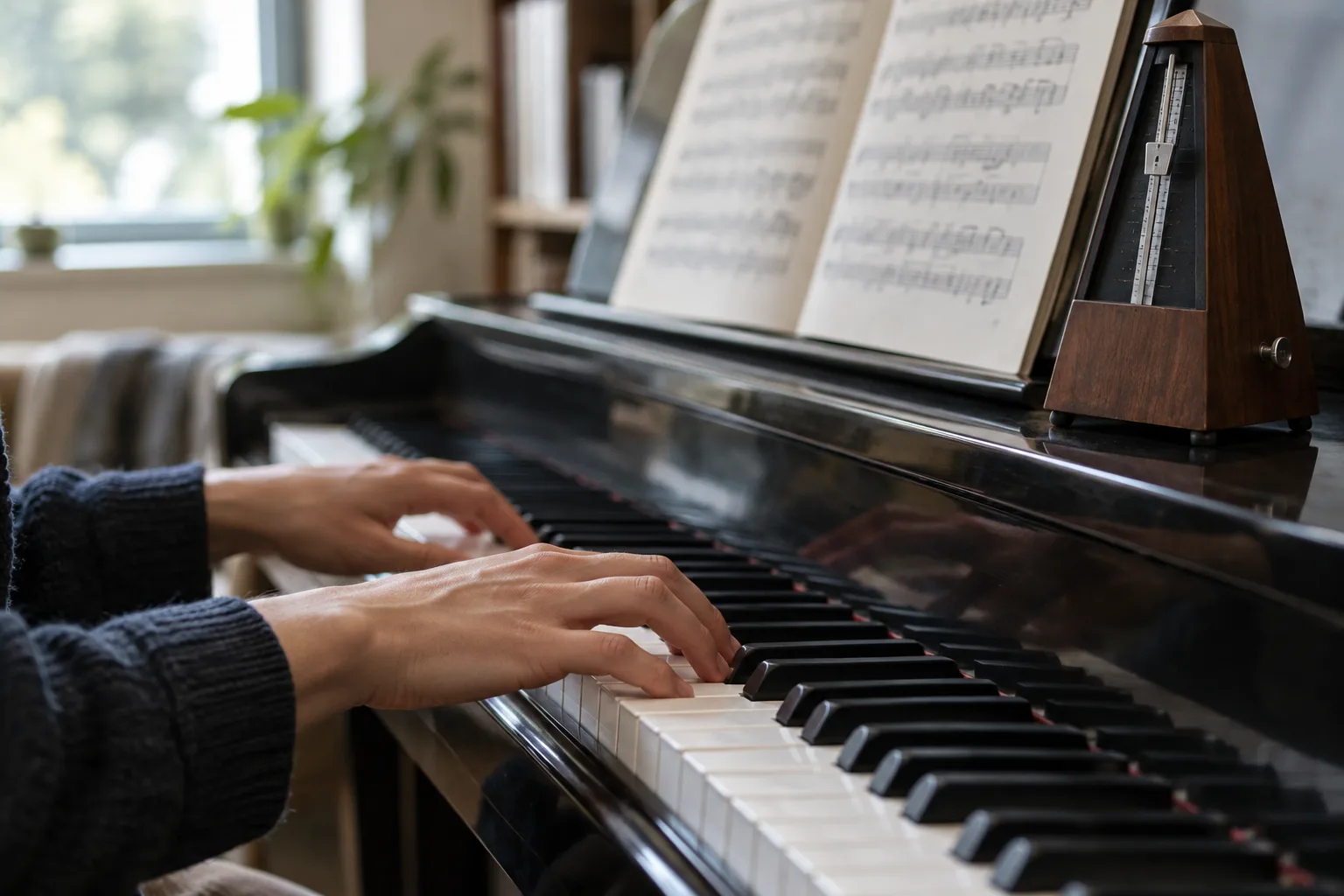 Les mains d’un pianiste travaillent lentement une phrase au clavier, avec un métronome à proximité.