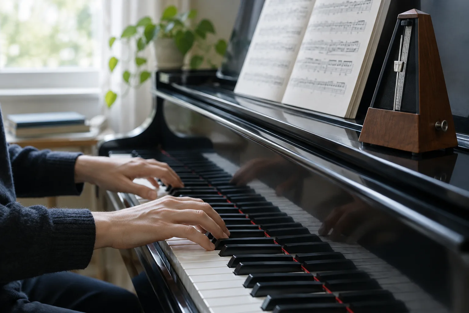 Des mains jouent du piano près d’un métronome posé à côté d’une partition.