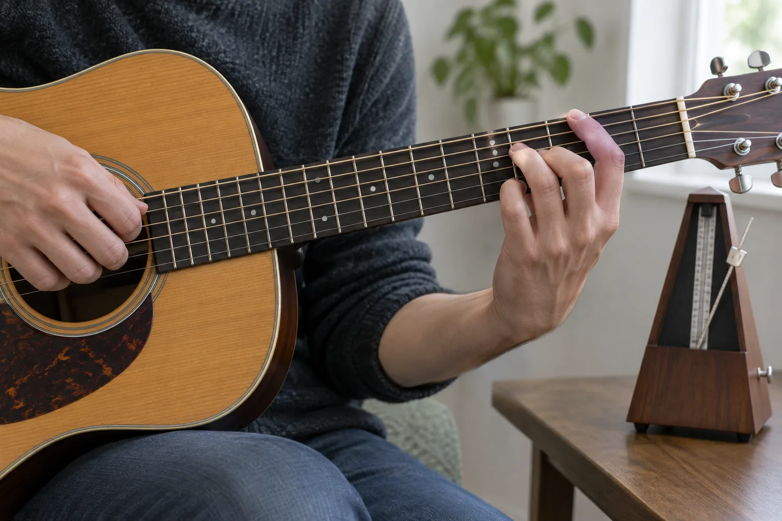Une main se déplace entre deux positions d’accord sur le manche d’une guitare, avec un métronome à côté.