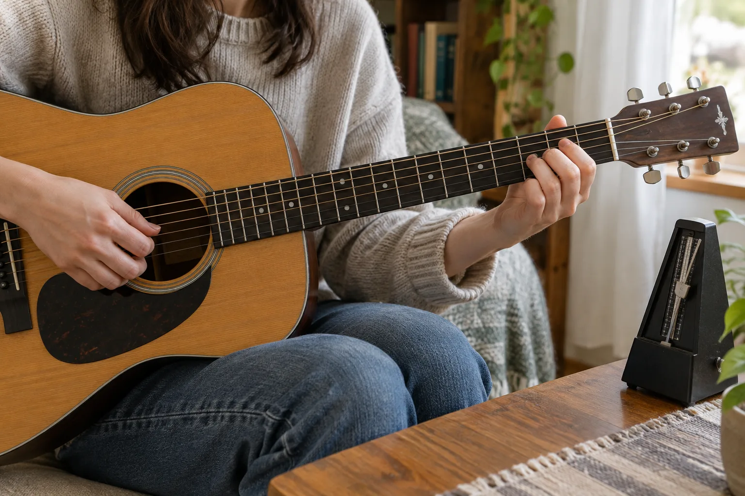 Les mains d’un guitariste placent deux accords tandis qu’un métronome est posé à proximité.