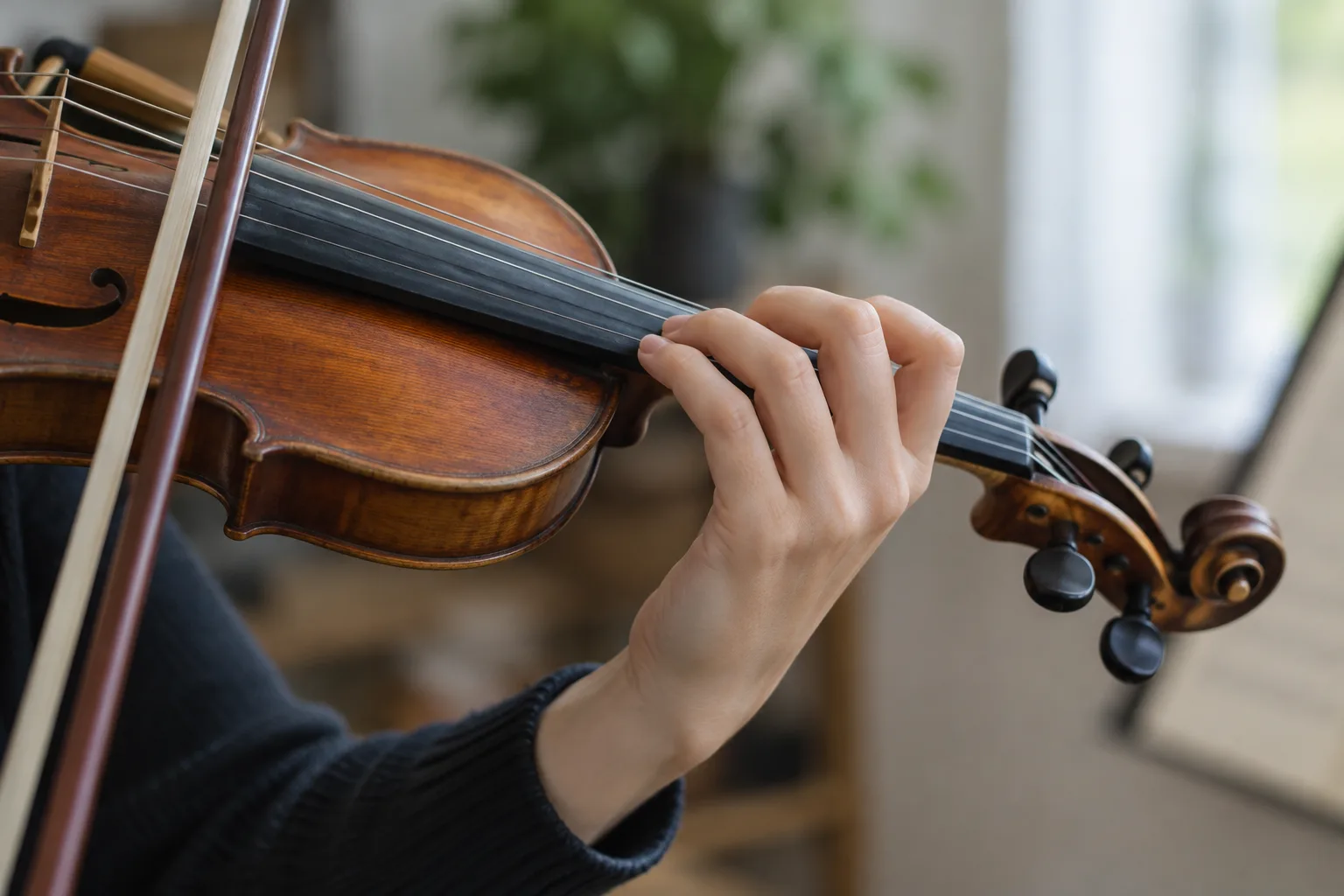 Gros plan sur la main gauche d’un violoniste qui se déplace doucement le long du manche.