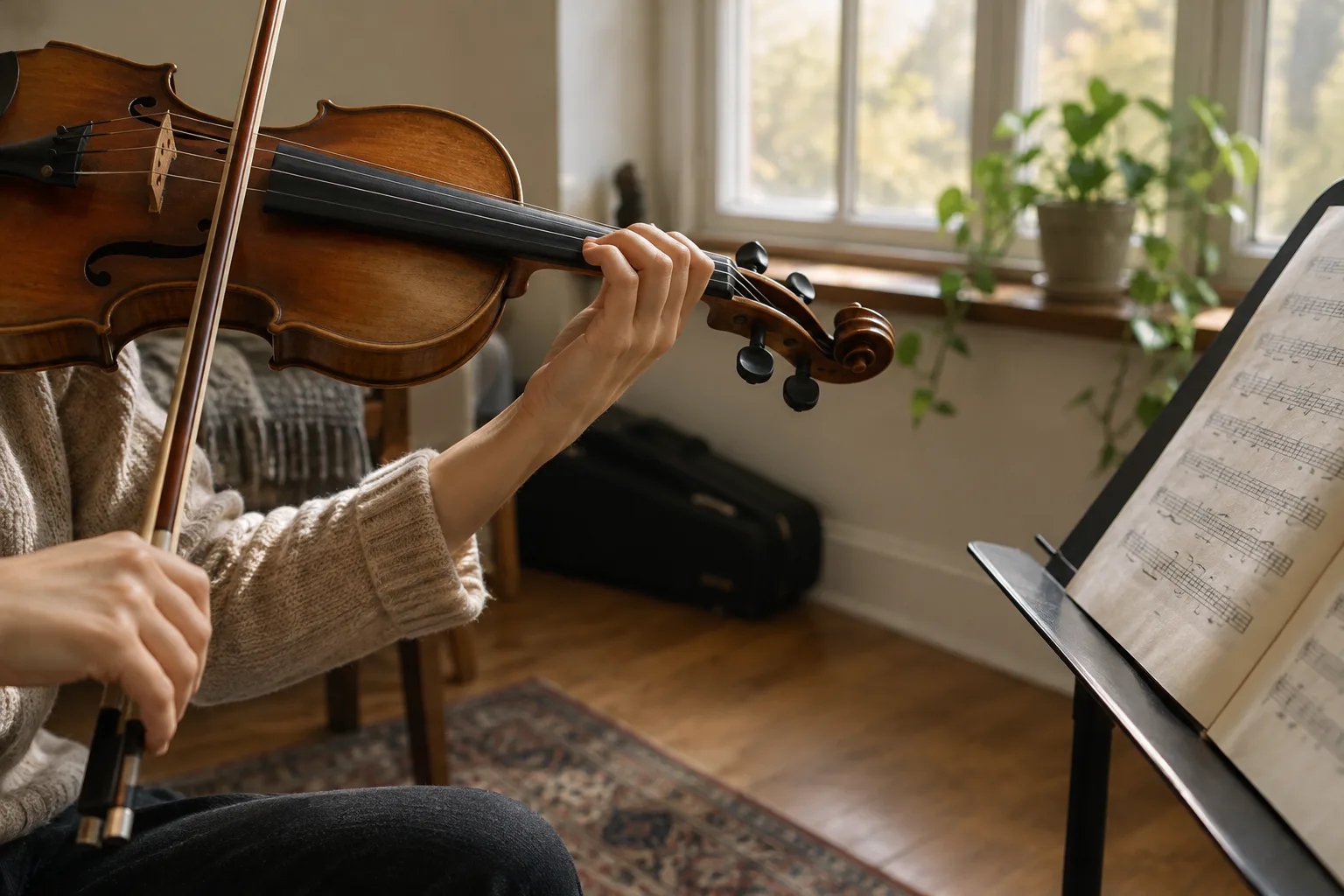 Violon posé près d’une partition, prêt pour une séance de travail des changements de position.