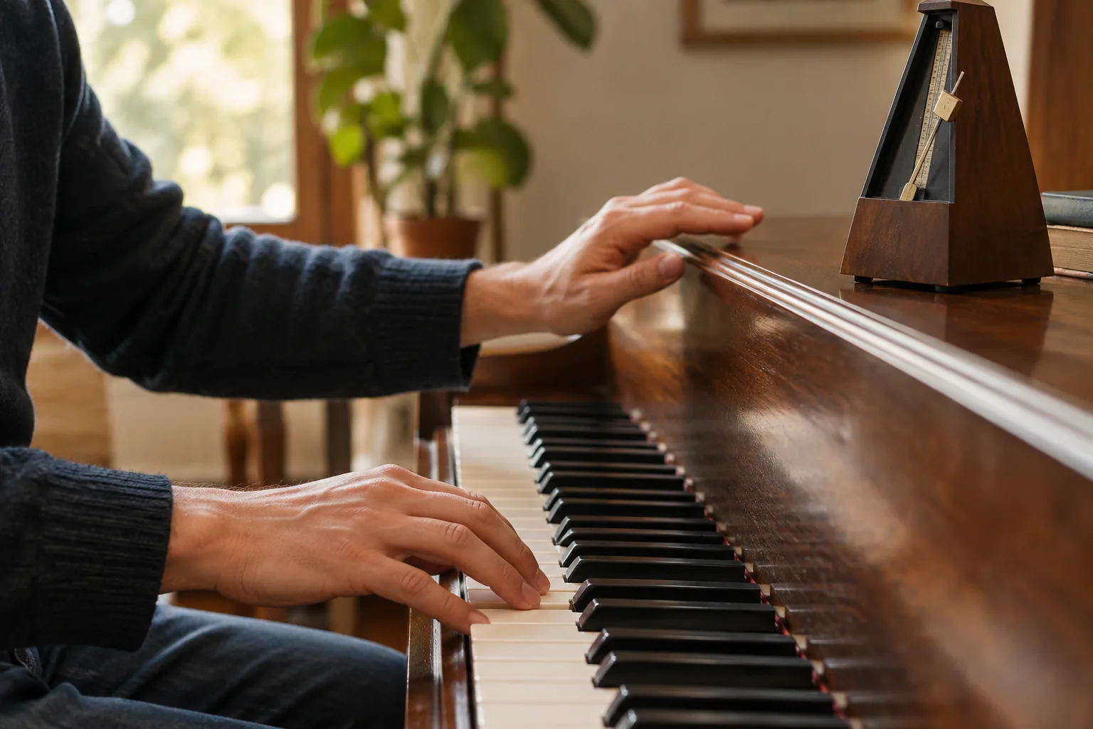 Une main reste près des touches du piano tandis que l’autre marque la pulsation, avec un métronome à proximité.