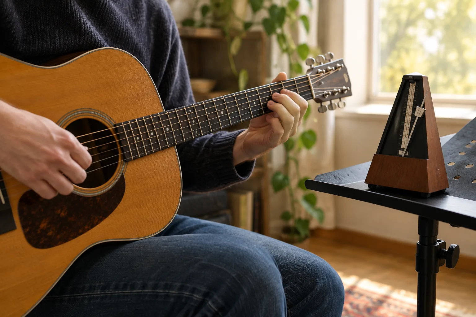 Un guitariste travaille un passage à côté d’un métronome posé sur un pupitre.