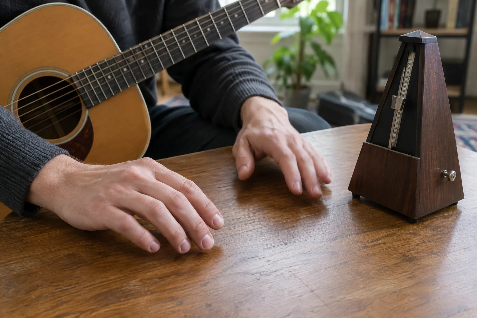 Une main marque la pulsation sur une table près d’un métronome et d’une guitare.