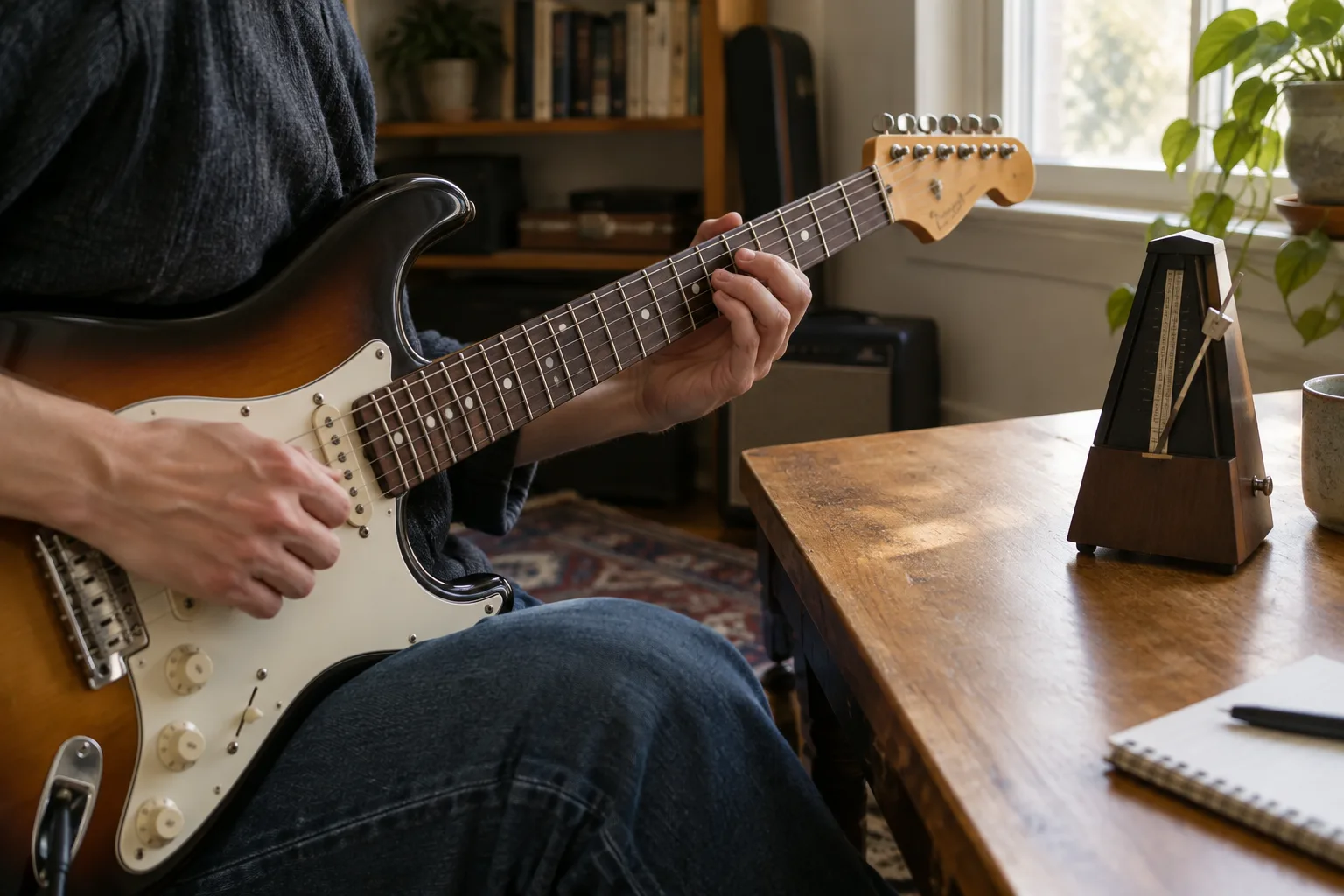 Un guitariste travaille un rythme à côté d’un métronome posé sur une table.