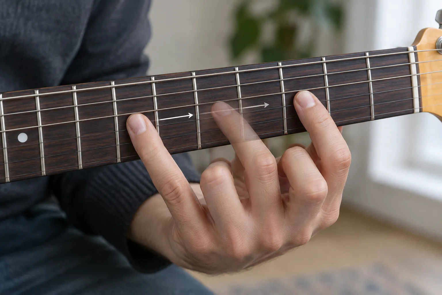 Une main de guitariste se déplace entre deux positions sur une corde.
