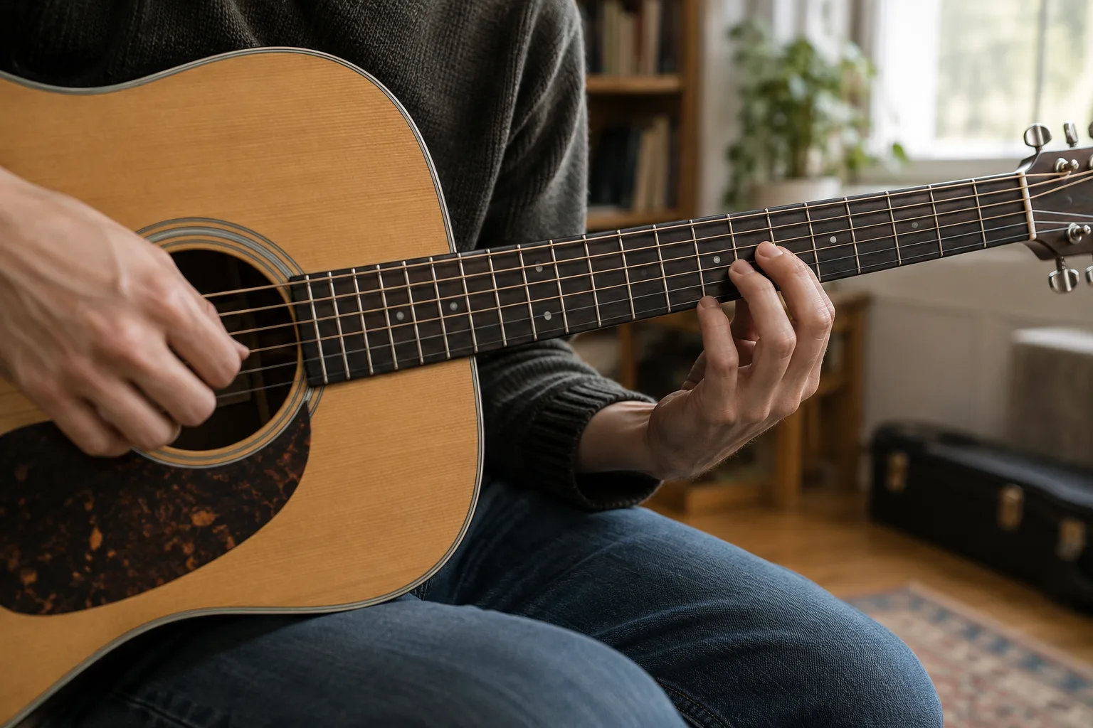 Main gauche d’un guitariste en déplacement le long du manche.