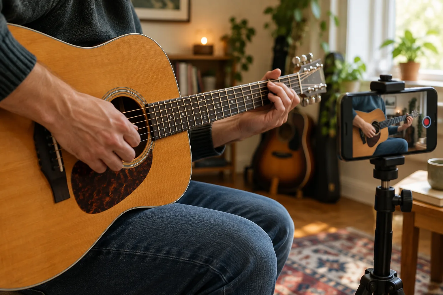 Un musicien enregistre une phrase à la guitare avec un téléphone posé à côté de l’instrument.