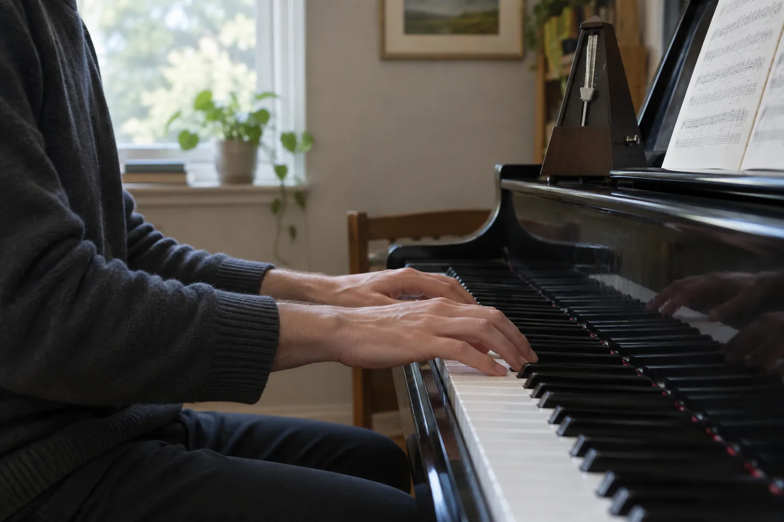 Mains au piano pendant un exercice de nuance, avec un métronome posé à proximité.
