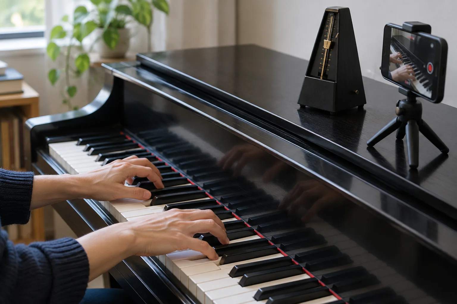 Un musicien enregistre au téléphone un court passage au piano, avec un métronome à proximité.