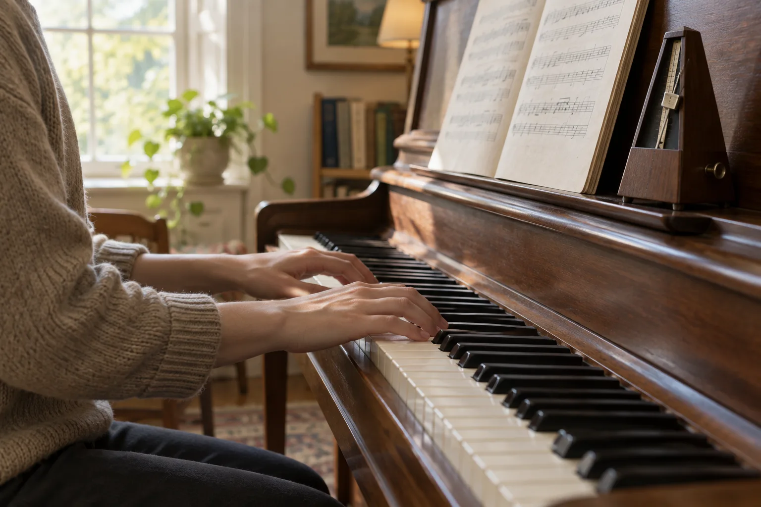 Des mains jouent doucement du piano près d’un métronome posé sur le pupitre.
